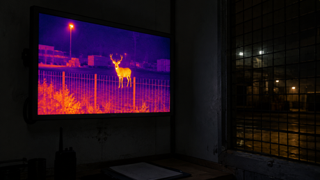 Guard room monitor glowing in the dark showing a thermal heat silhouette beyond a site fence