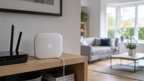 White smart alarm hub with an illuminated ring on an oak shelf beside a router in a bright living room