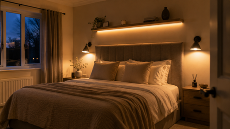 Calm UK bedroom in the evening with warm wall lights either side of the headboard and LED strip glowing under a shelf