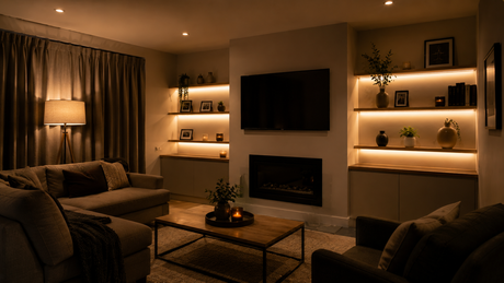 British living room after dark lit in warm layers with alcove LED strip either side of a chimney breast