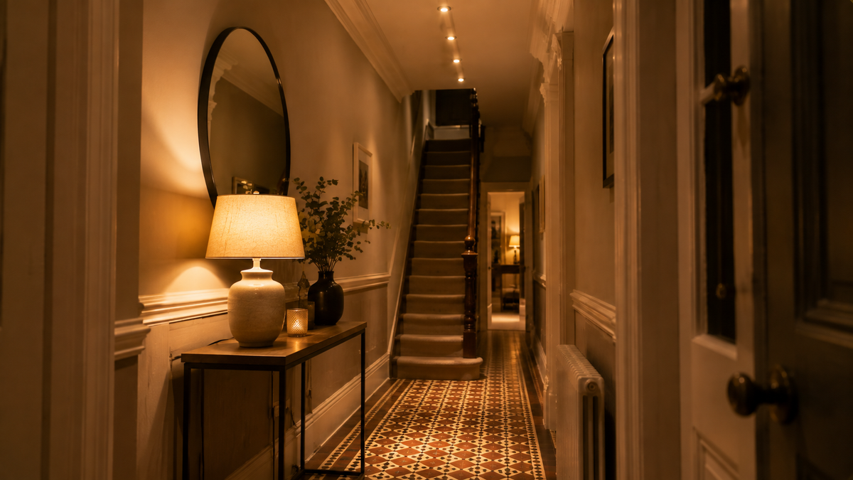 Narrow Victorian hallway with a run of warm downlights, tiled floor catching the glow and stairs rising into soft shadow