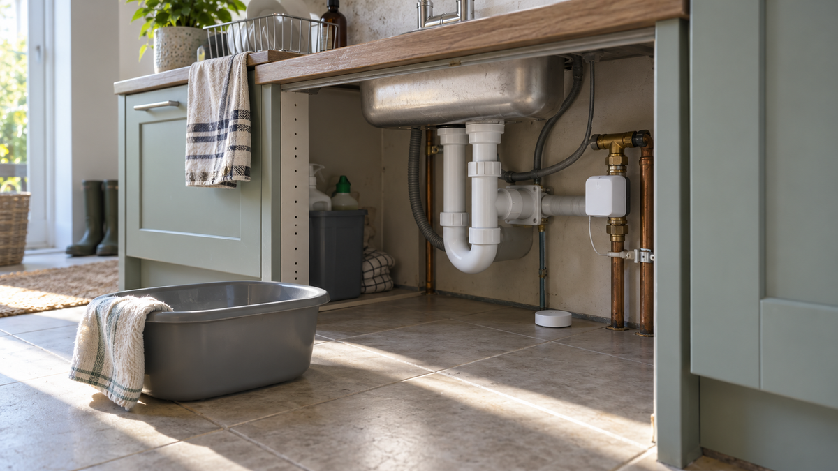 UK kitchen kickboard removed showing a compact white smart shut-off valve on the mains pipe with a leak sensor puck on the floor under the sink