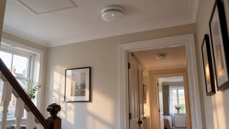 White ceiling-mounted smoke alarm with a green status light on a landing, a second alarm visible on the hallway ceiling beyond