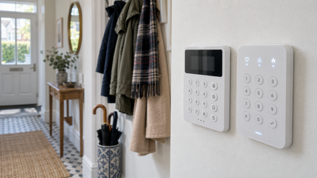 Two white wireless alarm keypads of subtly different design mounted side by side on a hallway wall