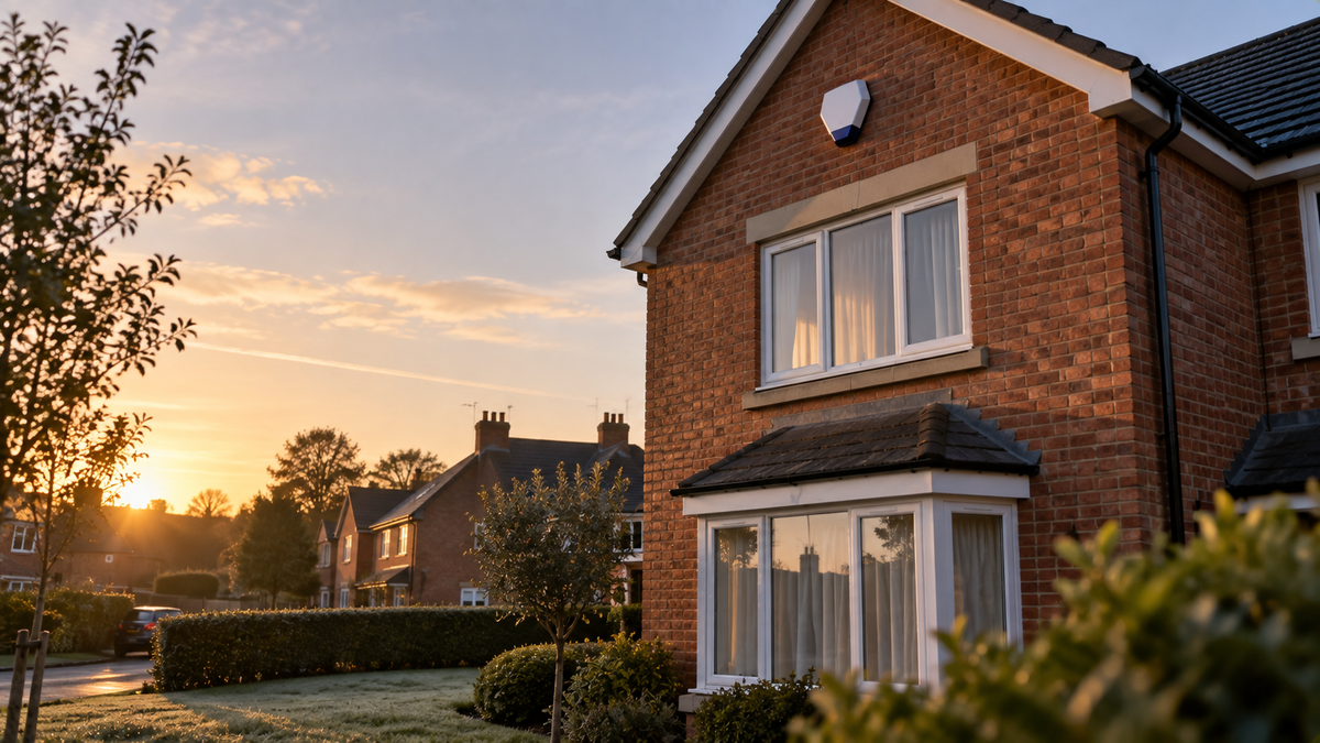 External alarm siren box high on the gable of a red-brick UK semi at dawn with curtains drawn in the bedroom window below