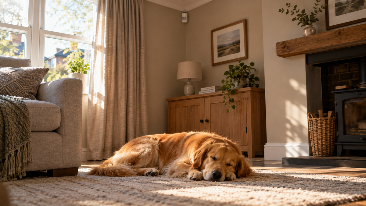 Golden retriever asleep on a rug in a UK living room while a small white motion detector watches from the corner above