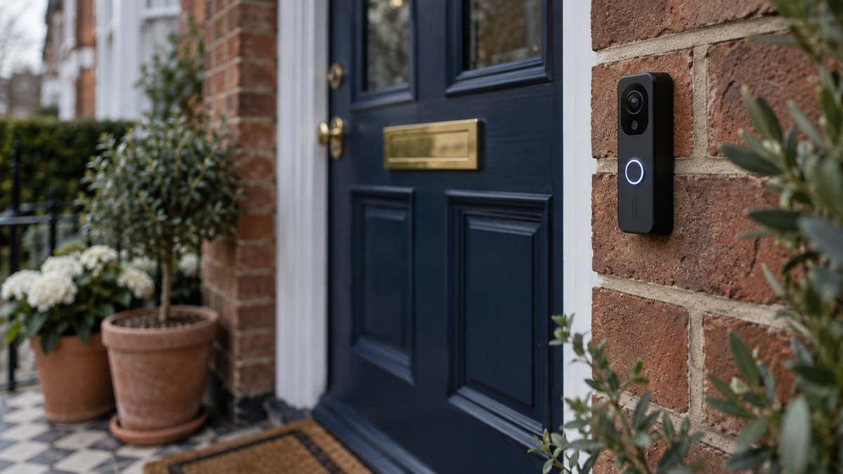 Slim modern video doorbell with a glowing button ring mounted on the brick reveal beside a navy-blue UK front door