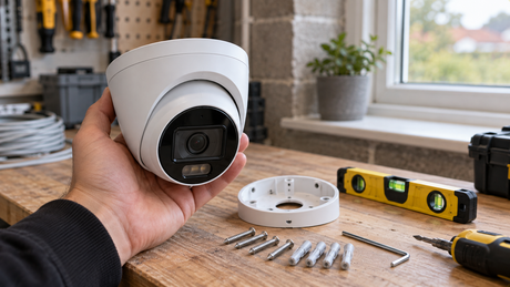 White turret CCTV camera held in an open palm above a workbench with its bracket, screws and a small level laid out
