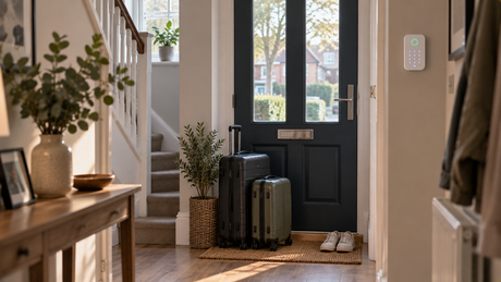 Suitcases waiting by a UK front door with a wall keypad showing a soft armed glow beside the frame