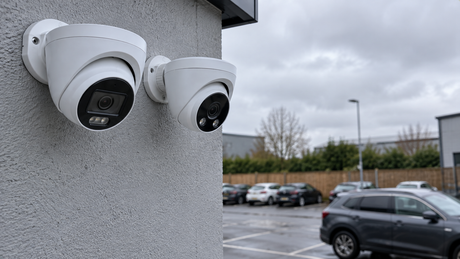 Two white CCTV turret cameras of subtly different design mounted side by side on a grey rendered wall