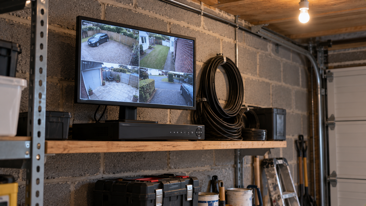 CCTV recorder and monitor on a garage shelf showing a live camera grid with coaxial cables neatly looped and no router in sight