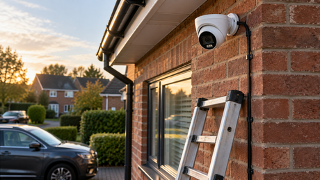 Installer's ladder against a UK house wall below a freshly mounted white turret camera angled down over the driveway
