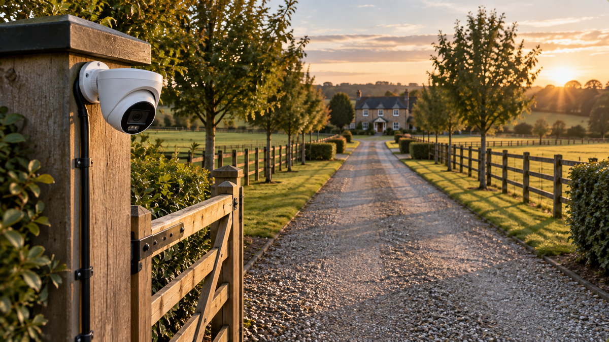Long gravel driveway stretching from a gatepost camera position toward a distant farmhouse in low golden light