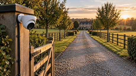 Long gravel driveway stretching from a gatepost camera position toward a distant farmhouse in low golden light