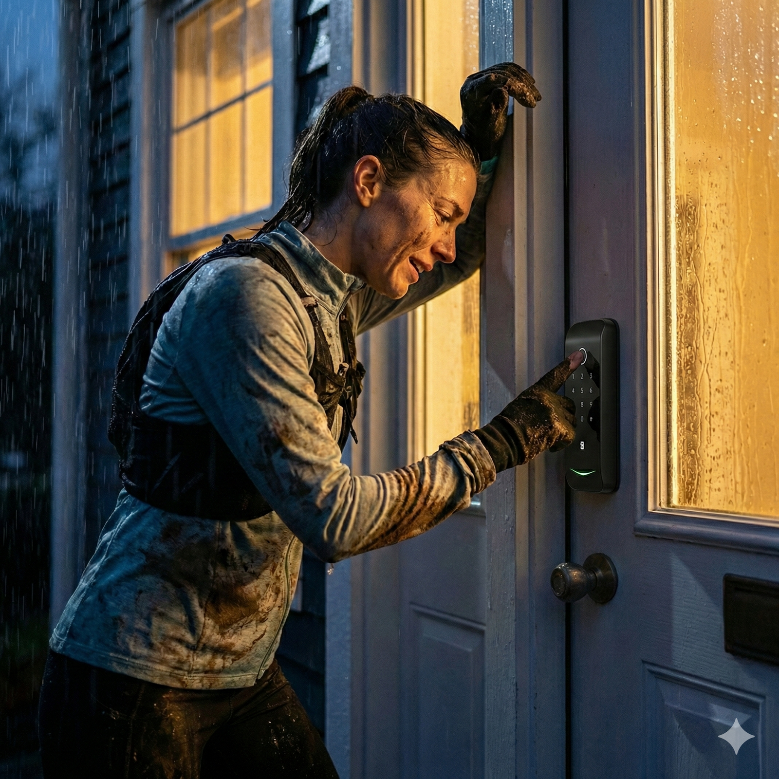 A runner using the DL2 Smart lock after a wet and muddy run