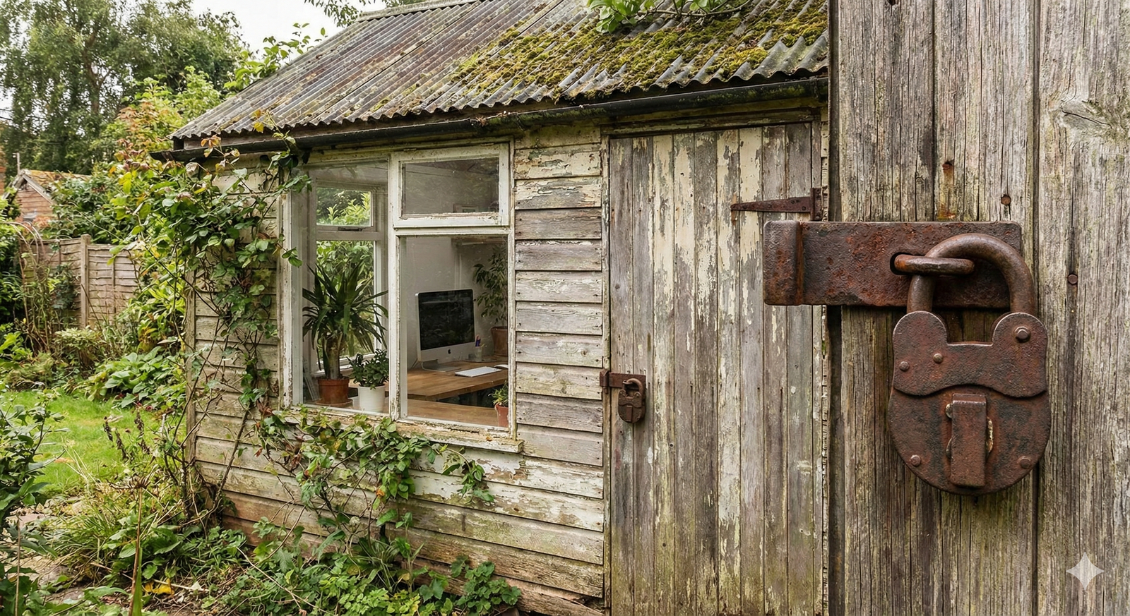 A rusty padlock on a garden office 