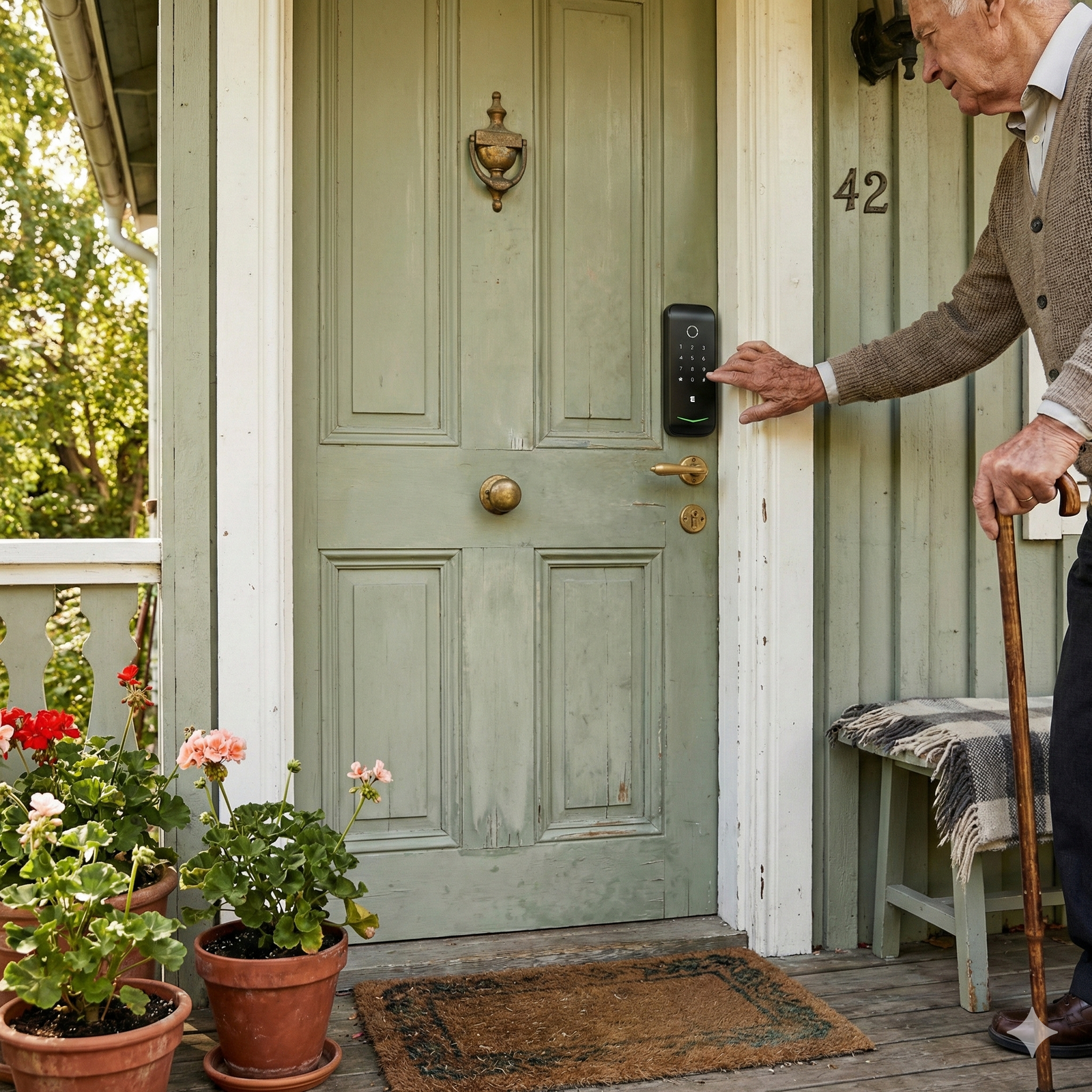 WME DL2 smart lock on a green door belonging to an elderly man