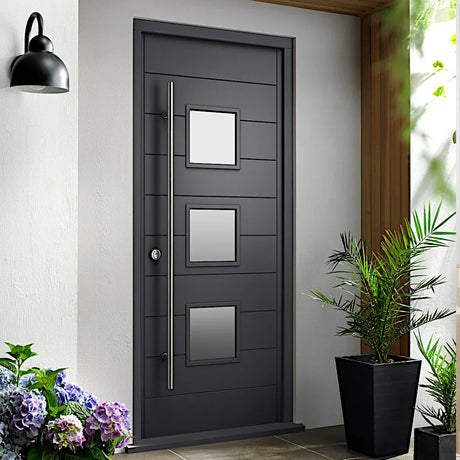 Black front door on modern house