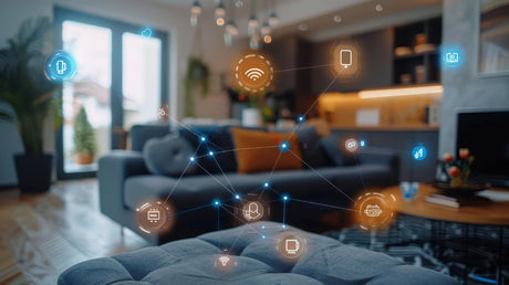 A visual representation of an interactive smart home control system with icons