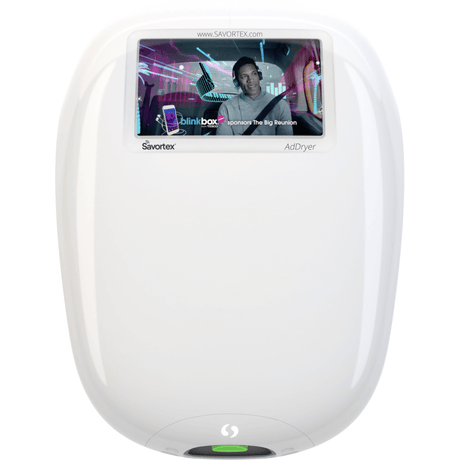 white Savortex hand dryer with digital marketing screen 