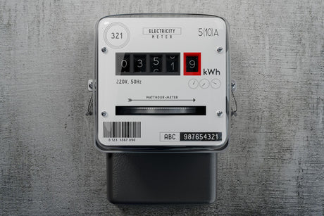 Electricity meter on concrete wall 3D illustration
