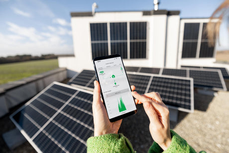 Woman monitors energy production from the solar power plant with a digital tablet