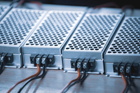 Close up of the metal mesh cases of power supply