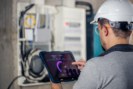 Man an electrical technician working in a switchboard with fuses uses a tablet