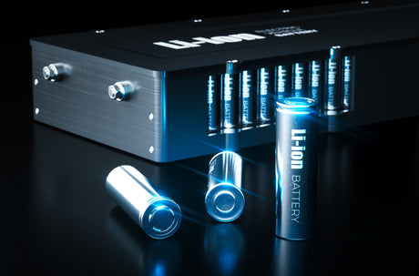 Metal Li-Ion battery cells with electric vehicle battery pack on black background