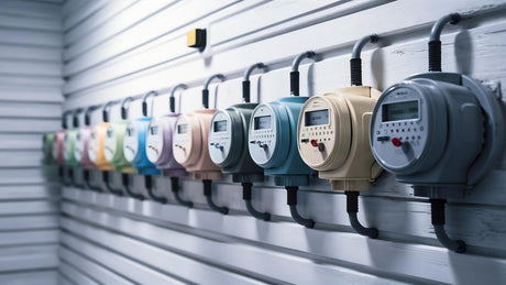 Electric meters in a row standing on the wall