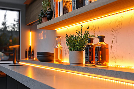 kitchen counter with warm LED strip lighting