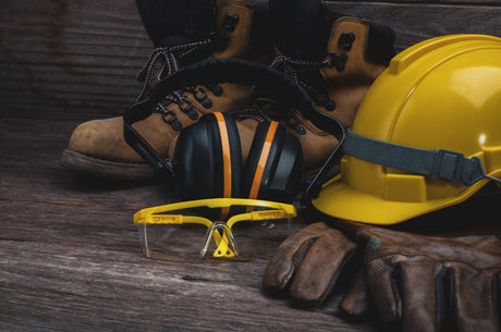 Safety and work ware on wooden table 