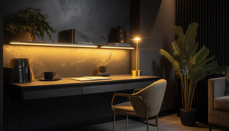 A stylish home desk set up with LED lighting 