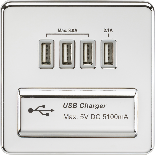 230V Quad USB-A Charger Outlet - Polished Chrome with Grey Insert