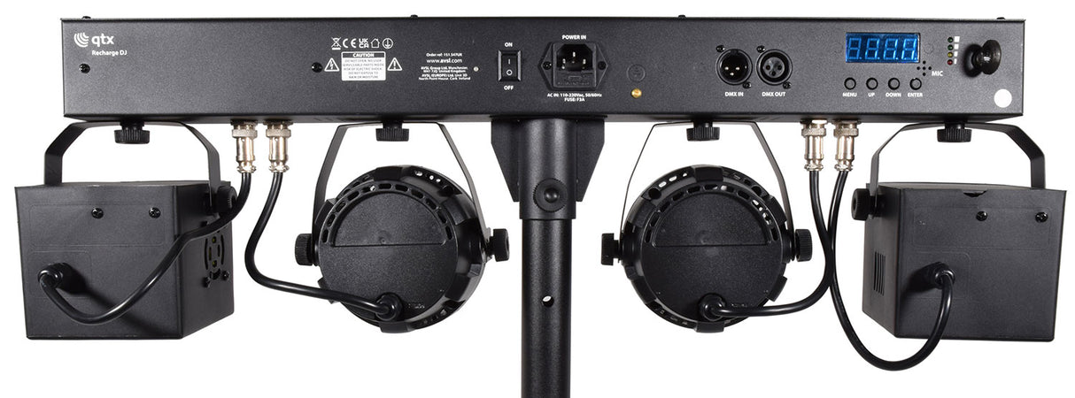 QTX: 151.547UK, LED Derby & PAR Bar with Tripod, 2x 12W RGBW PAR, 2x 12W Derby, Rechargeable, DMX Compatible