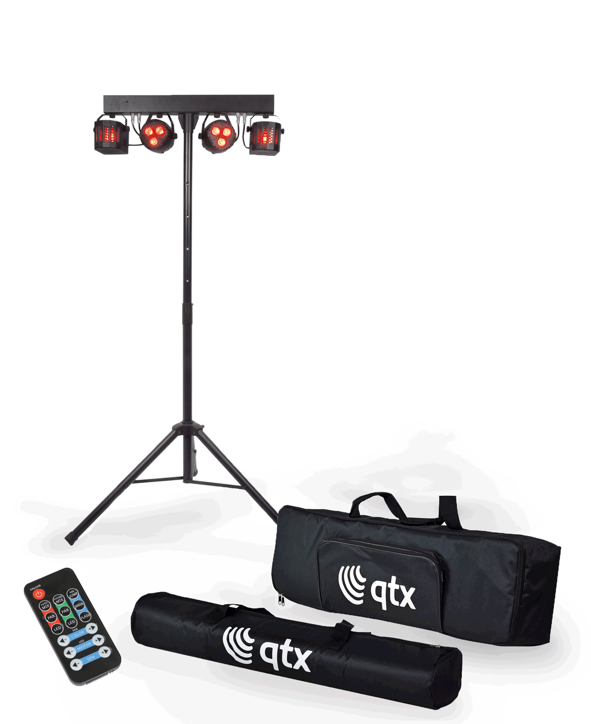QTX: 151.547UK, LED Derby & PAR Bar with Tripod, 2x 12W RGBW PAR, 2x 12W Derby, Rechargeable, DMX Compatible