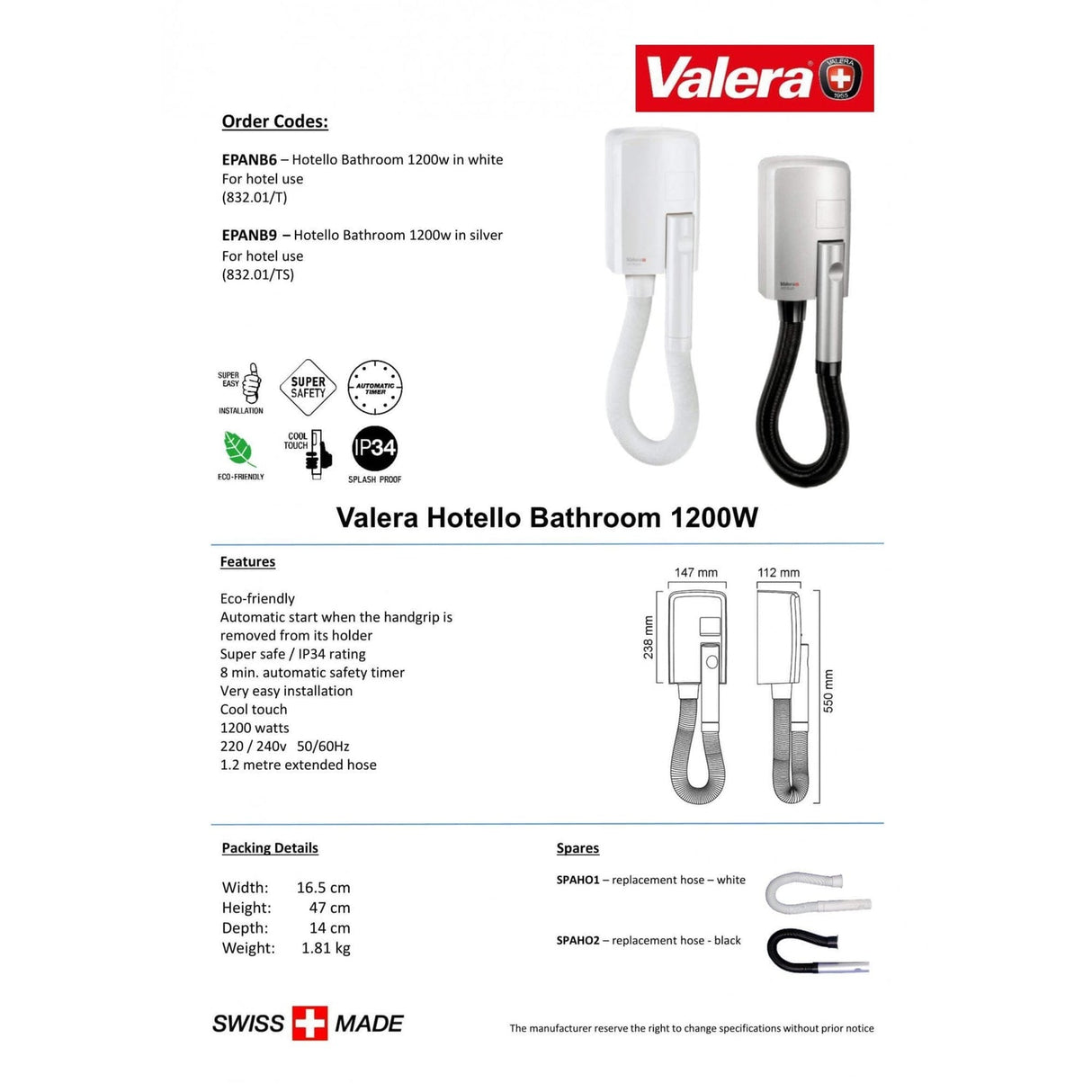 Valera Hotello Bathroom Hardwired Hair Dryer IP34 1200W | EPANB6
