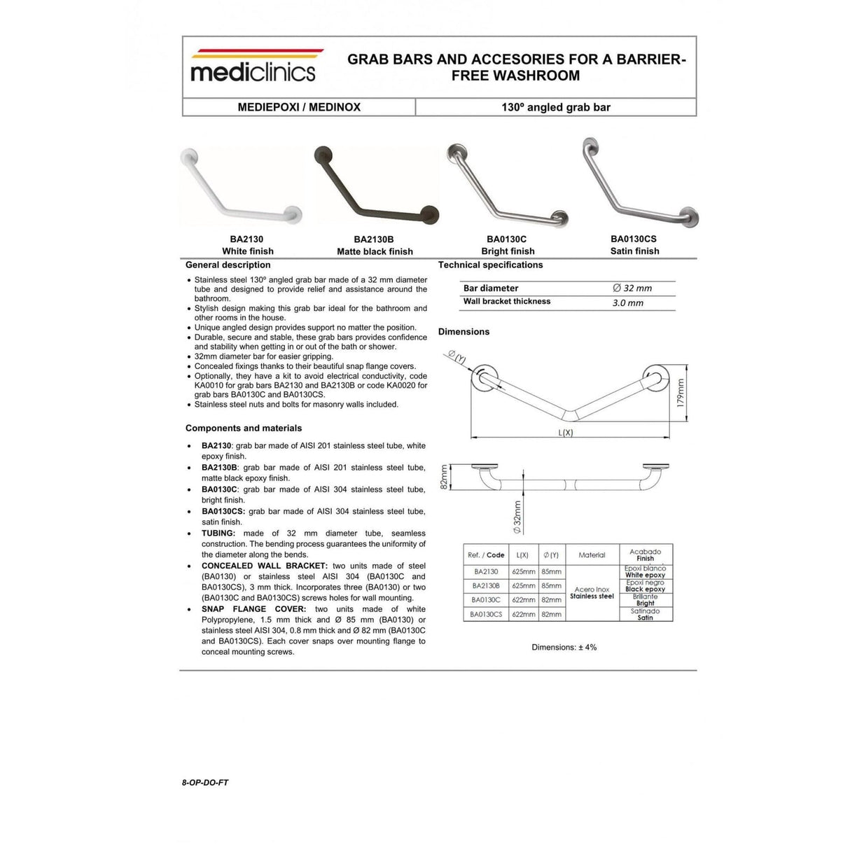 BA2130 / BA0130 Mediclinics Medinox Series Stainless Steel 130° Angled Grab Bar