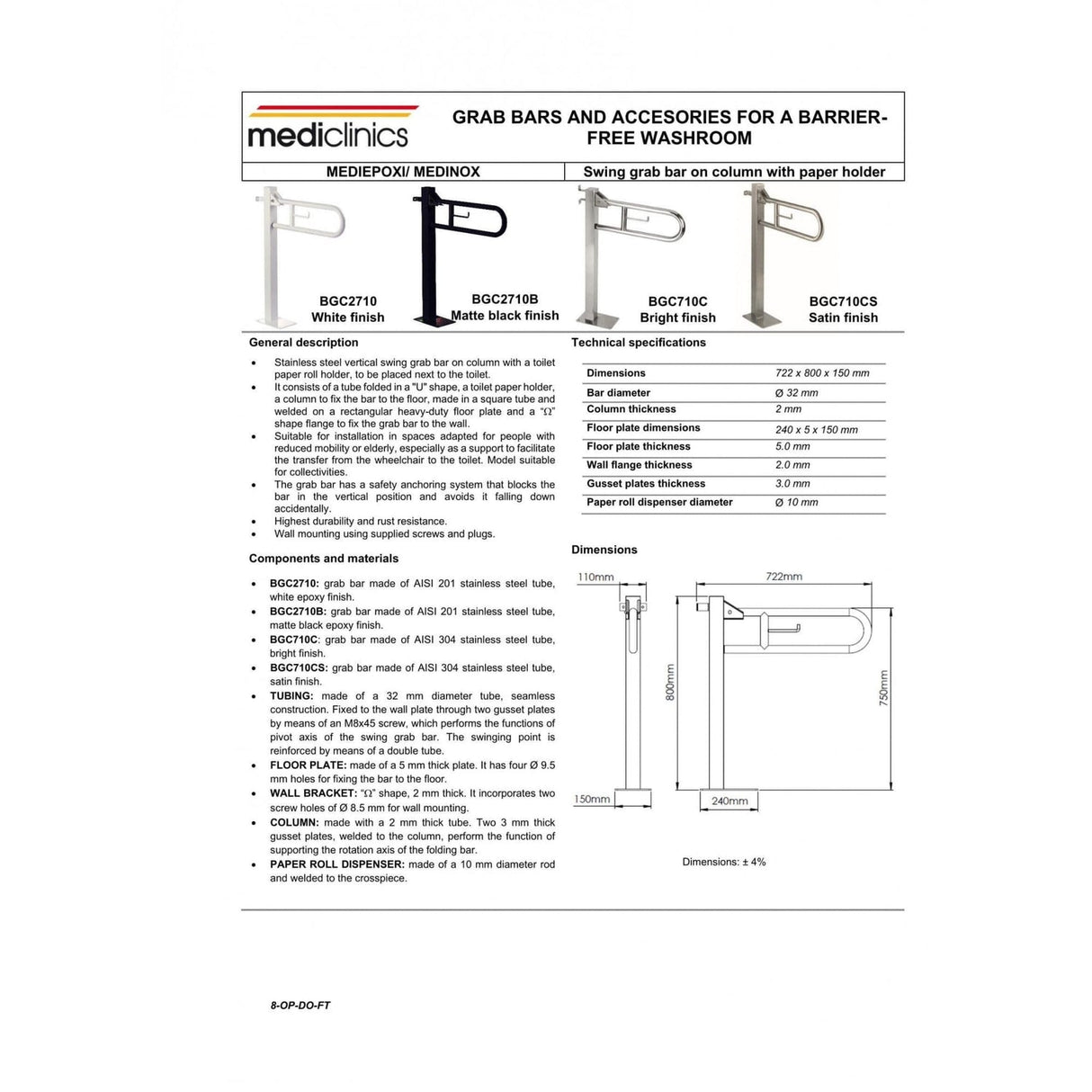 BGC2710 / BGC710 Mediclinics Medinox Series ø32mm Vertical Swing Grab Bar With Toilet Roll Holder