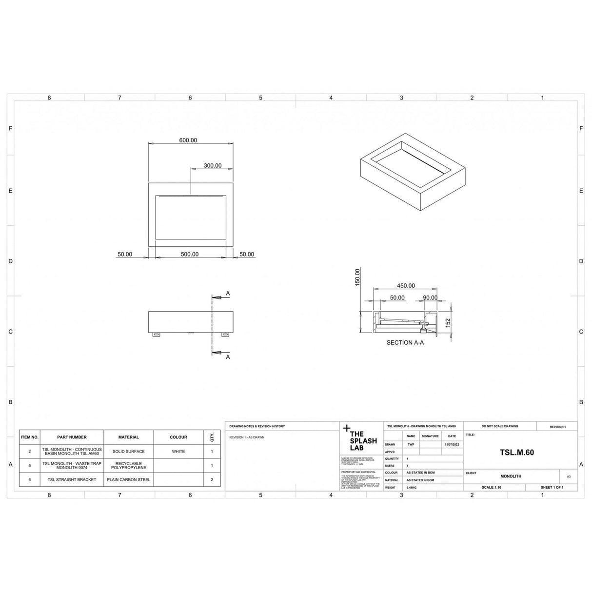 The Monolith S, M or L Series Wall Mounted Wash Basin L.600mm (300, 450 or 600mm Depth)