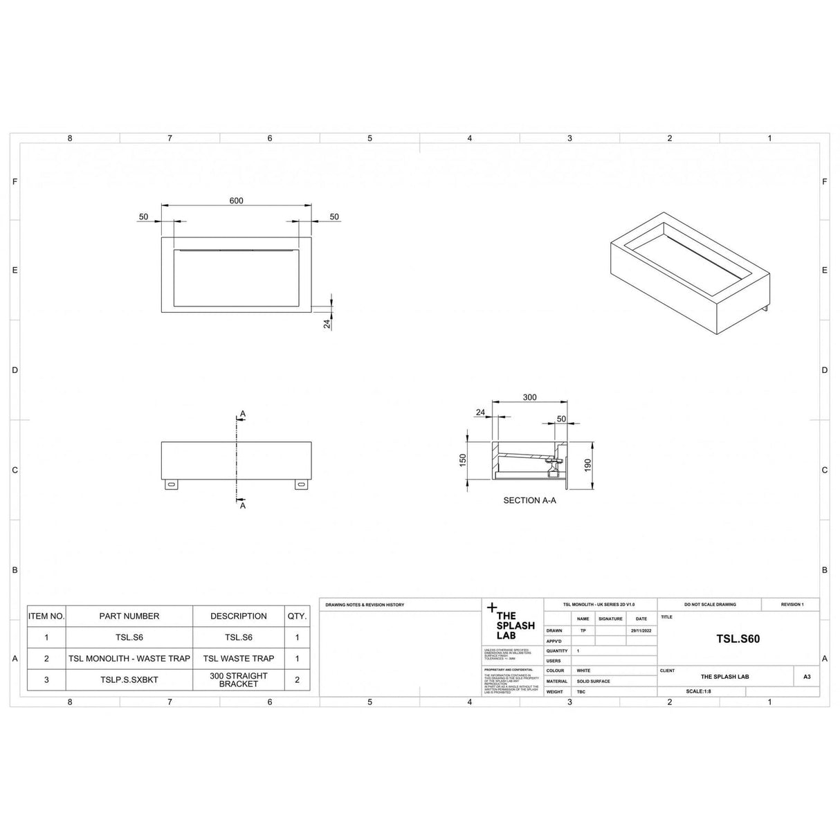The Monolith S, M or L Series Wall Mounted Wash Basin L.600mm (300, 450 or 600mm Depth)