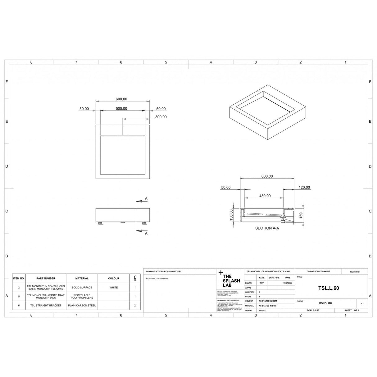 The Monolith S, M or L Series Wall Mounted Wash Basin L.600mm (300, 450 or 600mm Depth)