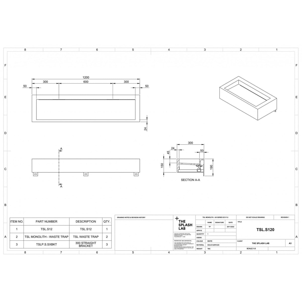 The Monolith S, M or L Series Wall Mounted Wash Basin L.1200mm (300, 450 or 600mm Depth)