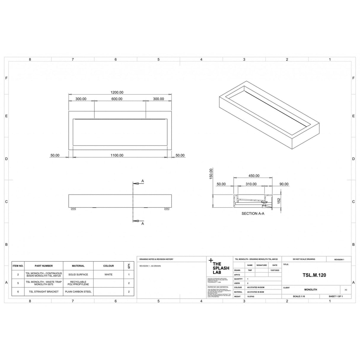 The Monolith S, M or L Series Wall Mounted Wash Basin L.1200mm (300, 450 or 600mm Depth)
