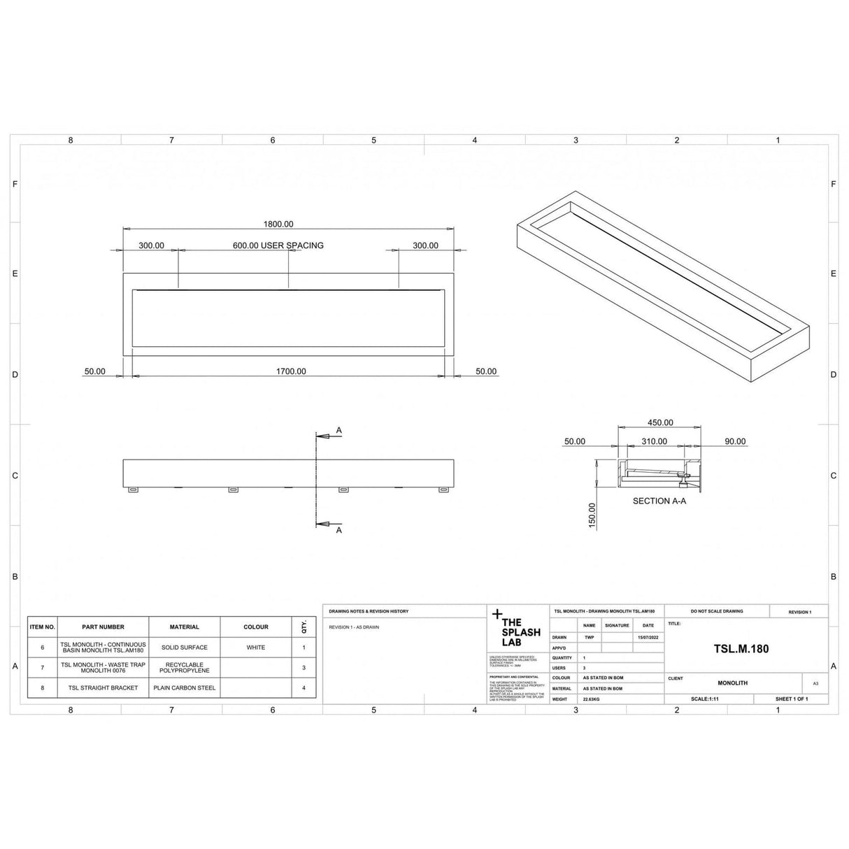 The Monolith S, M or L Series Wall Mounted Wash Basin L.1800mm (300, 450 or 600mm Depth)