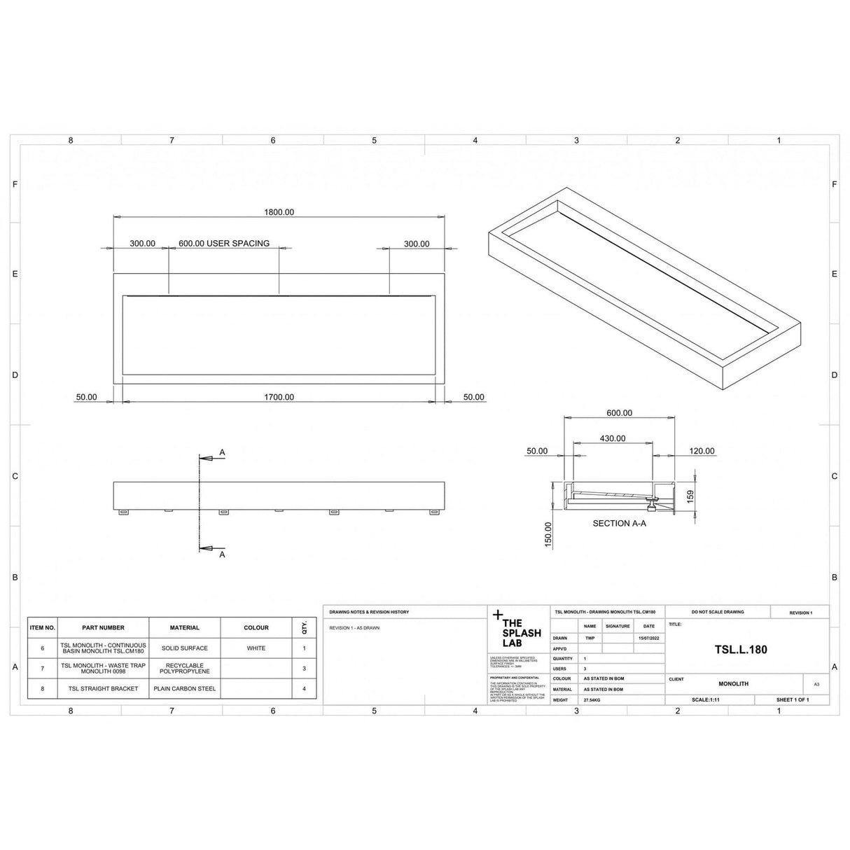 The Monolith S, M or L Series Wall Mounted Wash Basin L.1800mm (300, 450 or 600mm Depth)