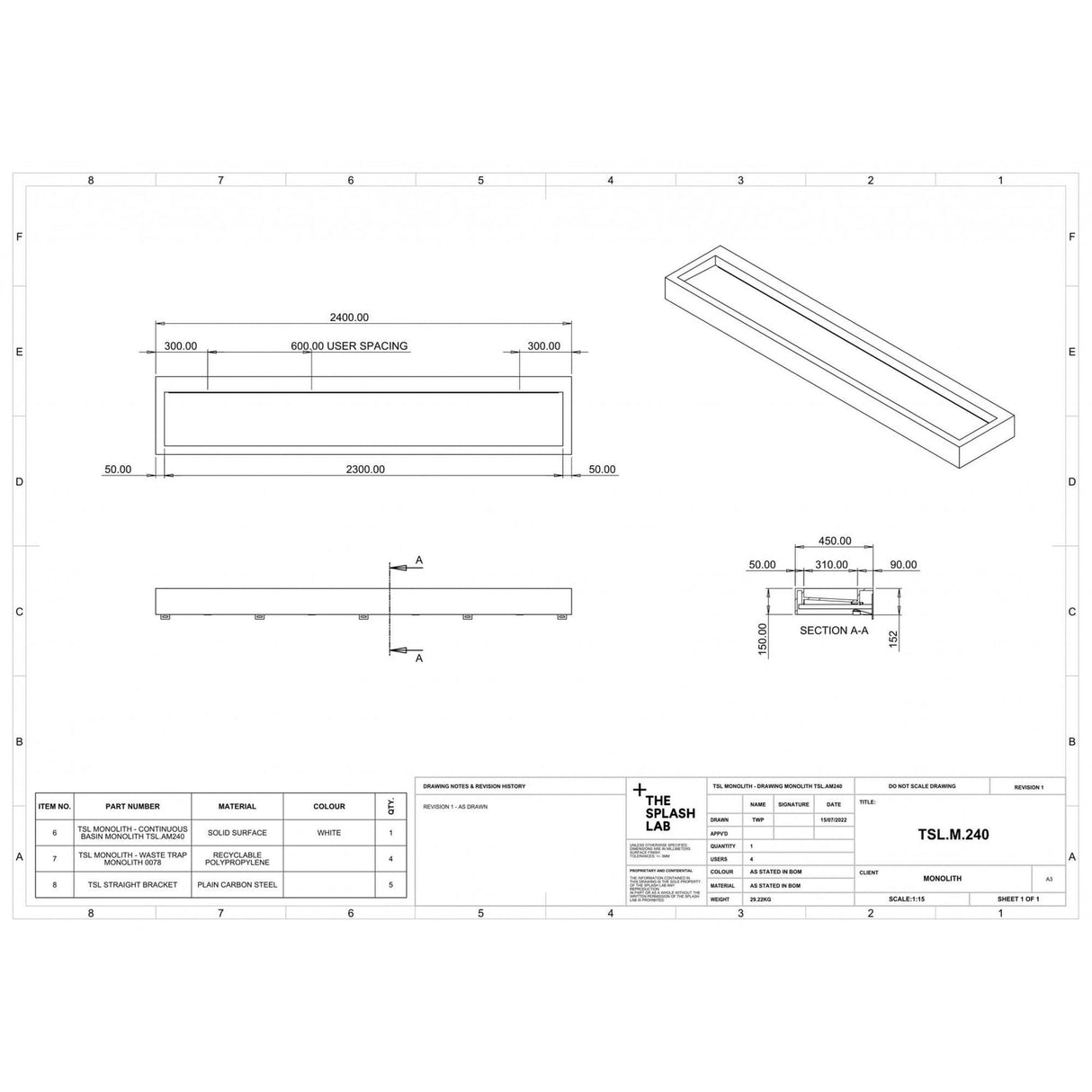 The Monolith S, M or L Series Wall Mounted Wash Basin L.2400mm (300, 450 or 600mm Depth)