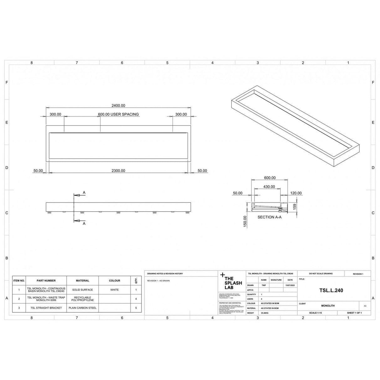 The Monolith S, M or L Series Wall Mounted Wash Basin L.2400mm (300, 450 or 600mm Depth)