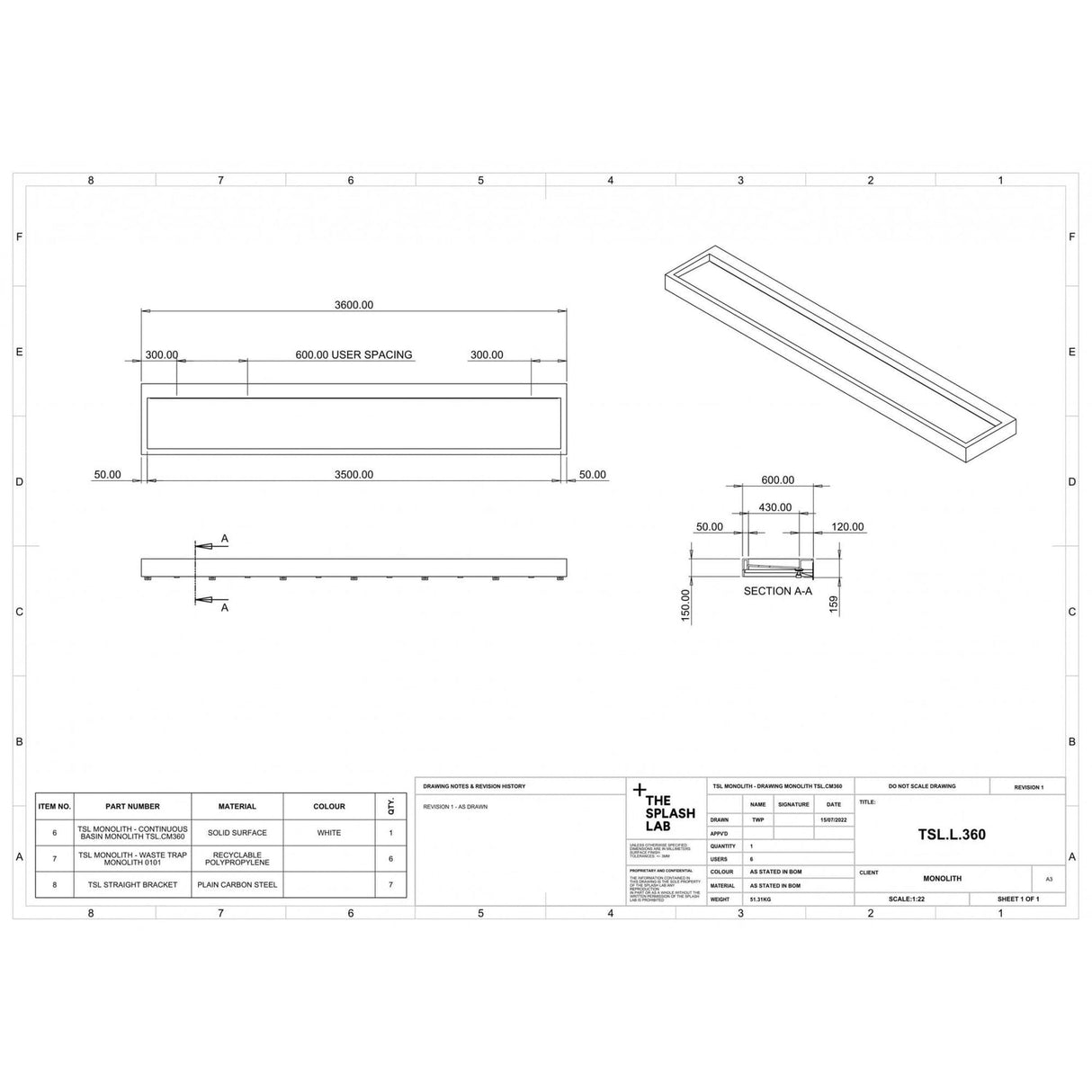 The Monolith M or L Series Wall Mounted Wash Basin L.3600mm (450 or 600mm Depth)