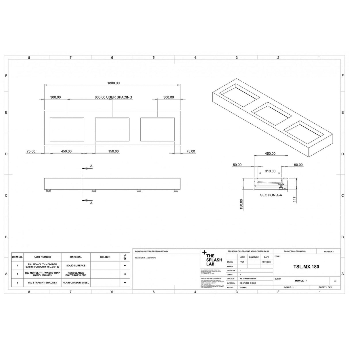 The Monolith M+ or L+ Series Wall Mounted Wash Basin L.1800mm (450 or 600mm Depth)